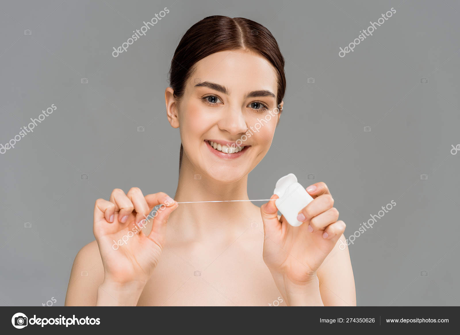 Cheerful Naked Woman Holding Dental Floss Smiling Isolated Grey Stock