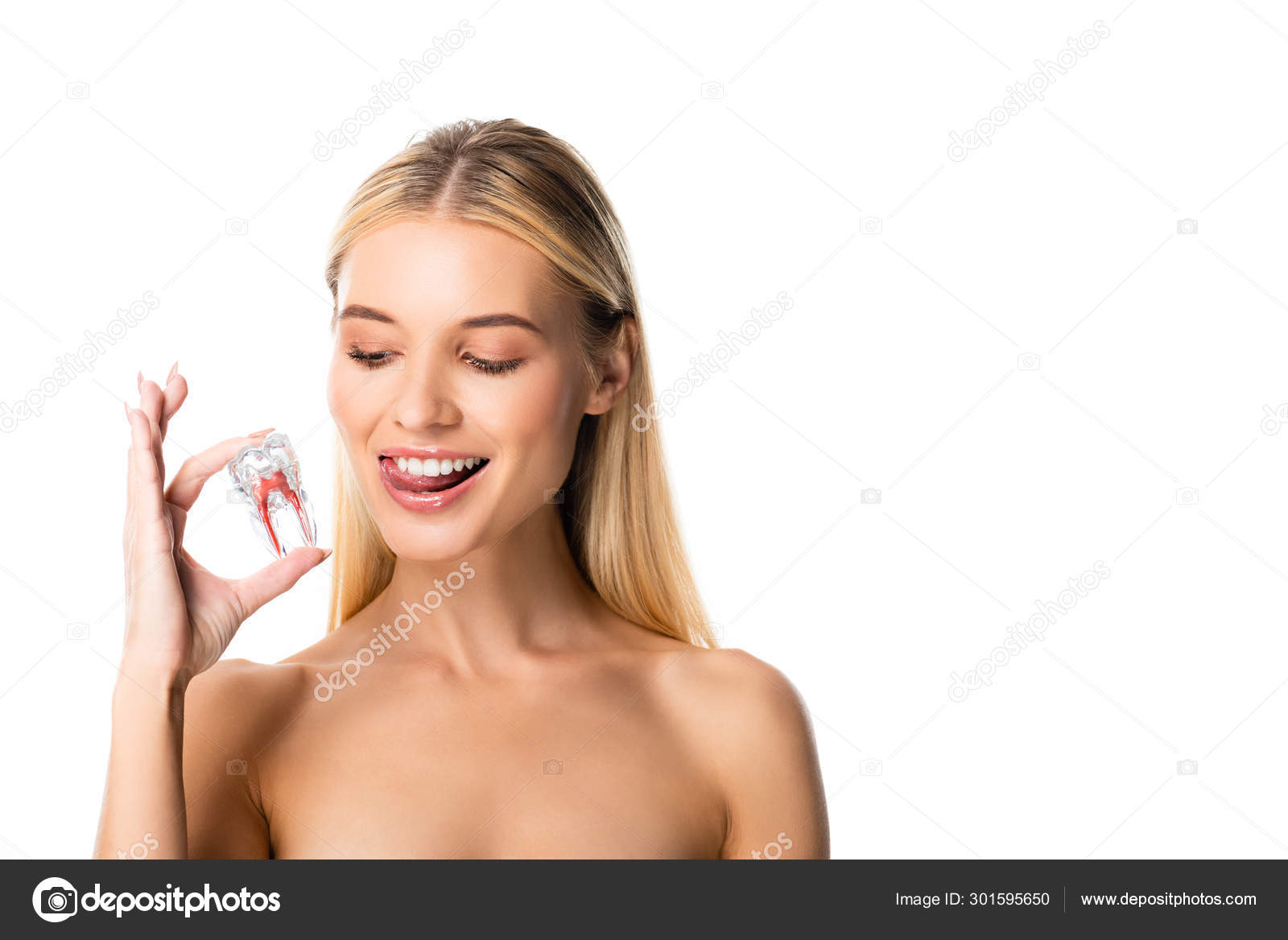 Naked Smiling Woman White Teeth Looking Tooth Model Isolated White