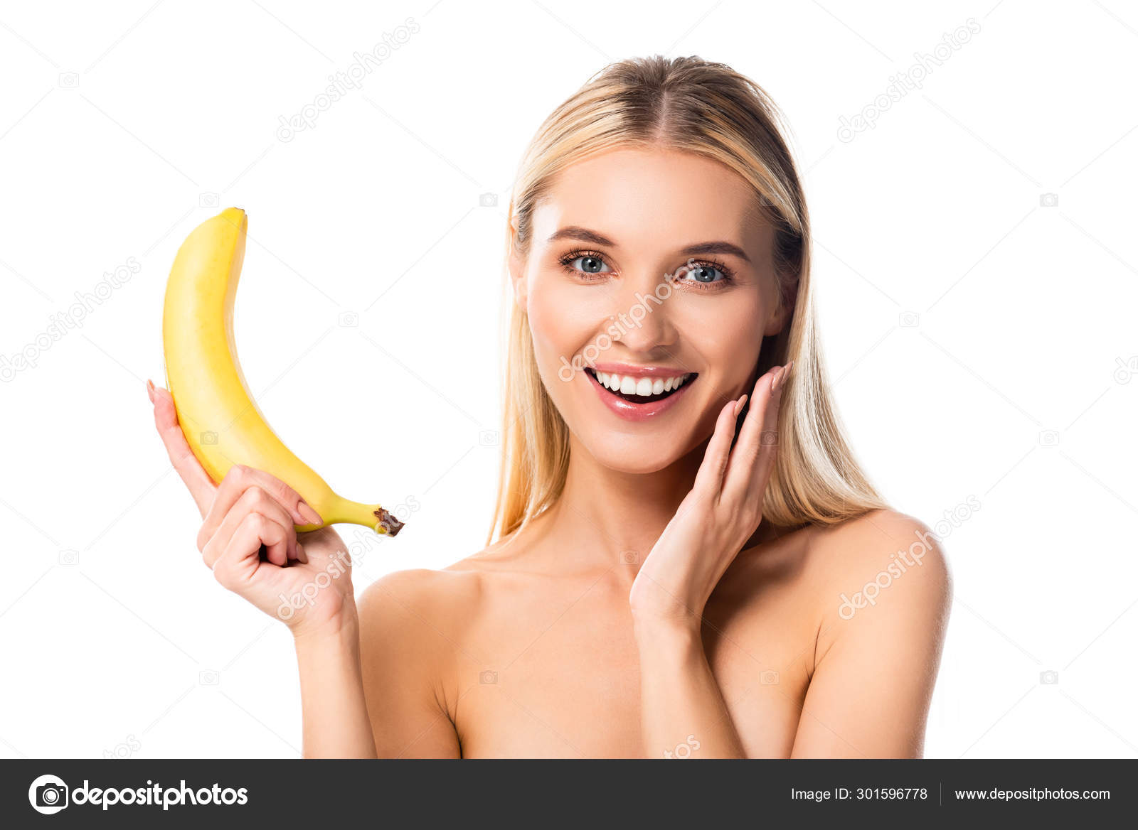 Mooie Lachende Naakte Vrouw Met Banaan Ge Soleerd Wit Stockfoto