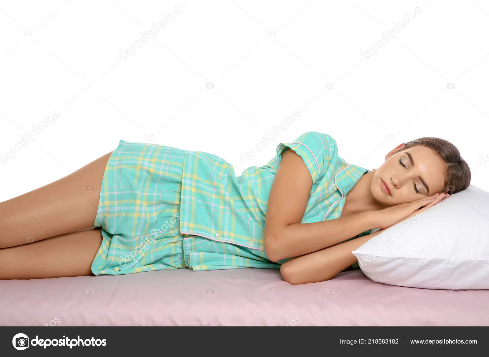 Beautiful Teen Girl Sleeping Comfortable Pillow Bed White Background