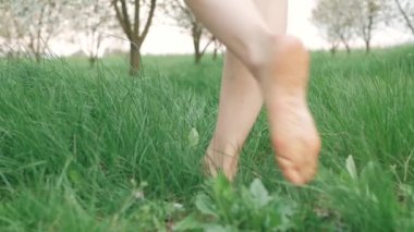 Kamera yalınayak yaprakları hakkında ağır çekimde mayınları ile biraz ot yürüyen bir kadın bacakları izler