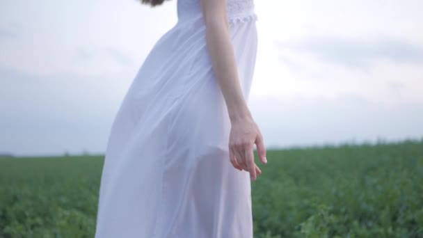 Lente mode portret van een mooie gelukkig jonge vrouw in witte jurk met lang bruin haar lopen de groene weide in de avond — Stockvideo