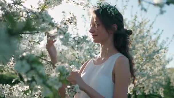 Chica joven cerca de hermoso árbol de flores. Jardín con flores en primavera. Hermosa chica sosteniendo una rama y flores en sus manos — Vídeos de Stock