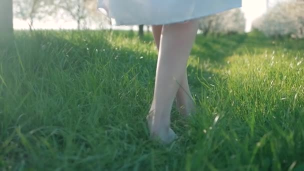 Slow motion shot of bare feet of young girl walking and running on green grass — Stock Video