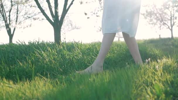 Slow-motion shot van blote voeten van jong meisje wandelen en lopen op gras — Stockvideo