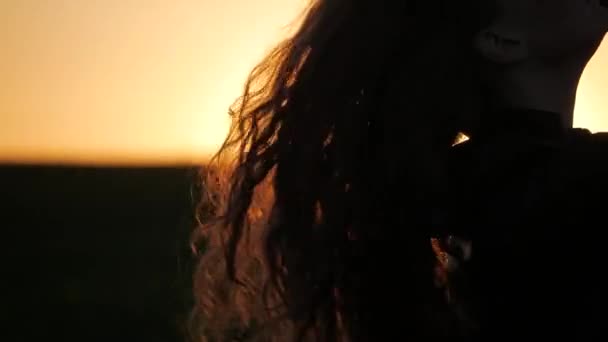 Silhouette d'une femme jouant avec ses cheveux sur fond de coucher de soleil — Video