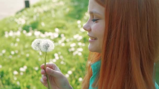 Красота Молодая женщина с рыжими волосами дуть одуванчик Желая радости Концепция — стоковое видео