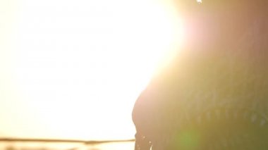 Erkek dans. siluet mutlu karışık ırk kadın uzun dreadlocks ile performans şortla günbatımı arka plan üzerinde dans.