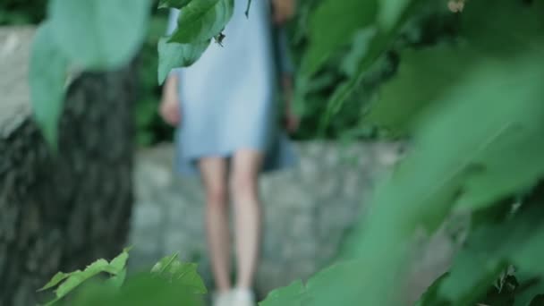 Μια γυναίκα έρχεται κάτω από τις σκάλες στο πάρκο. επικεντρωθεί πράσινα φύλλα. καλοκαιρινές διακοπές — Αρχείο Βίντεο