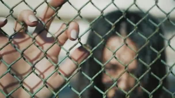 Colpi su recinzione di maglia con le mani delle donne. Ragazza arrabbiata batte le mani su una griglia recinzione — Video Stock