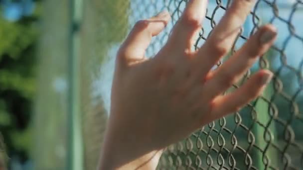 Main féminine se déplaçant le long de la surface de la grille. Bras de jeune femme touchant clôture métallique. Fille marchant pendant les vacances d'été et conduisant ses doigts le long de la garde du pont. Gros plan Mouvement lent — Video