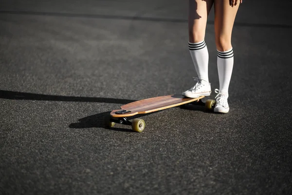 Girl White Stockings Riding Longboard — Stock Photo, Image