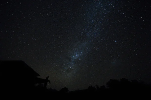 Couple on rooftop watching mliky way and stars in the night sky on Bali island.