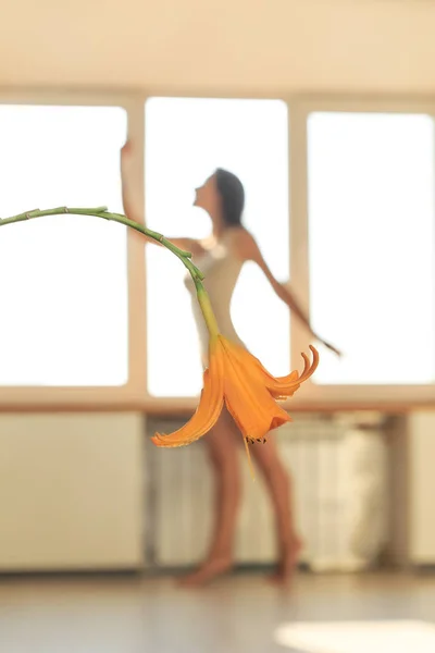 Балетная Танцовщица Наполовину Покрытая Желтым Фловером — стоковое фото