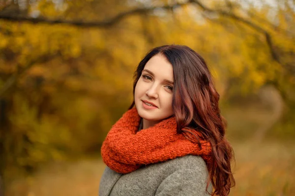 Portrait of young beautiful woman in grey coat with orange scarf sweather walking in autumn park with yellow and red leaves.