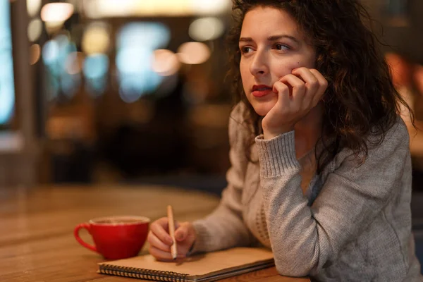 güzel esmer iş kadını rahat restraunt onun Not Defteri'nde notlar olun. giymiş gri örgü sweather.