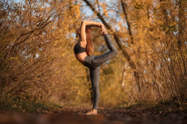 Young woman practicing yoga exercise in autumn park with yellow leaves. Sports and recreation lifestyle.