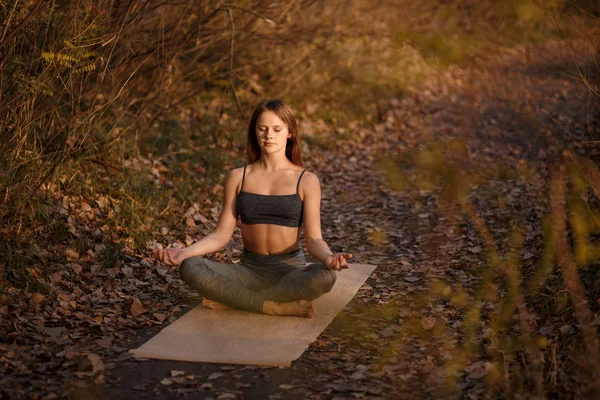 Mujer Joven Practicando Yoga Parque Otoñal Con Hojas Amarillas Deportes — Foto de Stock