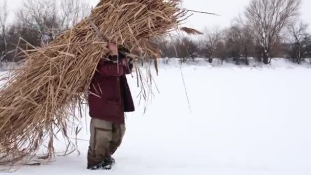 冷ややかな雪の冬の日には 村人は Haystack の中で彼の背中に 家を暖めるし 炉で焼くに雪に覆われたフィールドにわたって収集乾燥葦を運ぶ 田舎のライフ スタイル — ストック動画