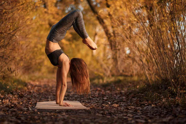 Young woman practicing yoga exercise in autumn park with yellow leaves. Sports and recreation lifestyle.