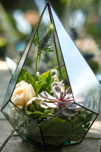 Florarium with fresh succulent flowers. Event fresh flowers decoration. Florist workflow. Wedding banquet design.