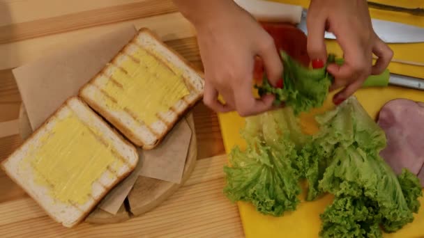Μαγείρεμα Ένα Σάντουιτς Στην Κουζίνα Θέα Από Ψηλά Ένα Χέρι — Αρχείο Βίντεο