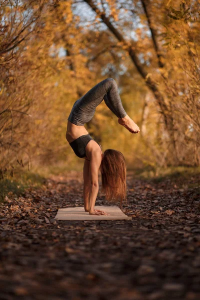 Молода жінка практикує вправи з йоги в осінньому парку з жовтим листям. Спортивно-розважальний спосіб життя — стокове фото