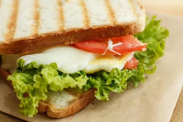 Closeup juicy sandwich with bacon, fresh vegetables, green salad and dark lines after grill — Stock Photo, Image