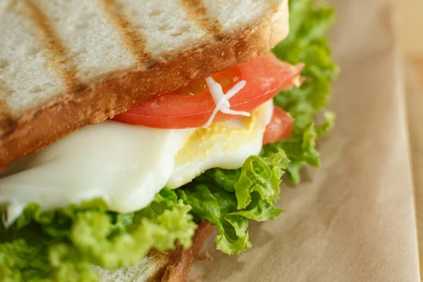Nahaufnahme saftige Sandwich mit Speck, frischem Gemüse, grünem Salat — Stockfoto