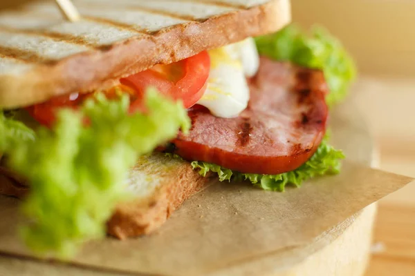 Closeup ζουμερά σάντουιτς με μπέικον, φρέσκα λαχανικά, πράσινη σαλάτα — Φωτογραφία Αρχείου