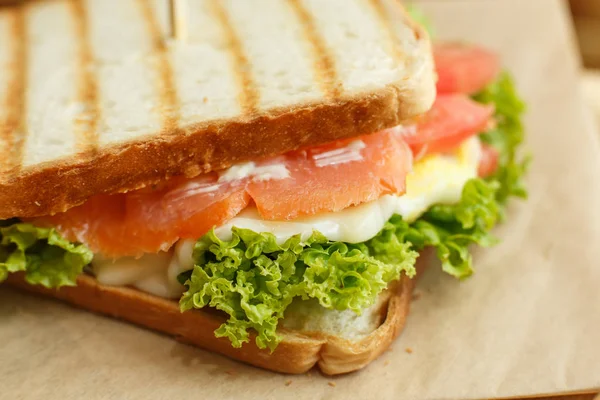 Closeup juicy sandwich with bacon, fresh vegetables, green salad and dark lines after grill — Stock Photo, Image