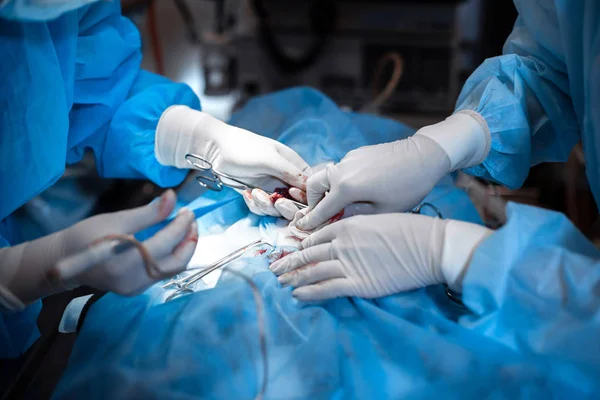 Las manos del cirujano de cerca en guantes blancos sangrientos hacen la operación —  Fotos de Stock