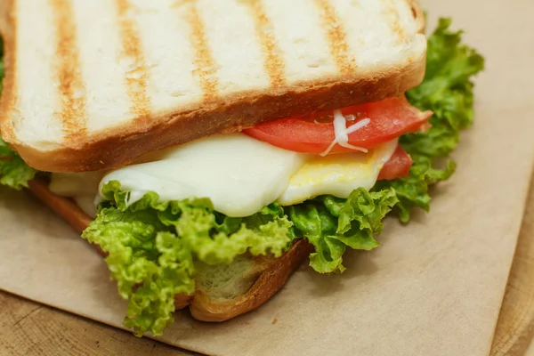 Closeup juicy sandwich with bacon, fresh vegetables, green salad and dark lines after grill — Stock Photo, Image