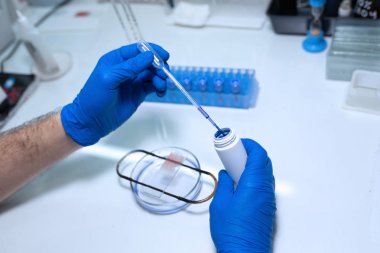 bilim adamı kan örneği için araştırma mikroskobu hazırlayın. Placi