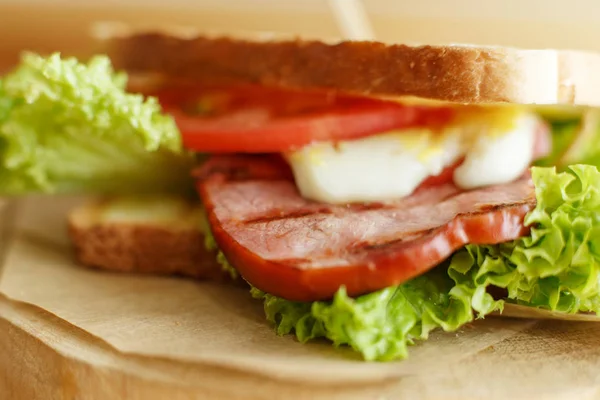 Closeup juicy sandwich with bacon, fresh vegetables, green salad — Stock Photo, Image
