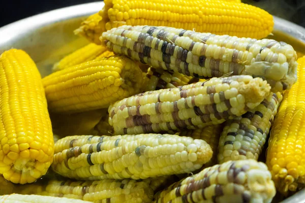 不同品种的甜煮熟的玉米 — 图库照片