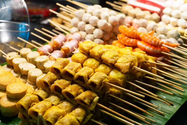 Asian Food Different Mini Barbecue Counter Night Street Food Market — Stock Photo, Image