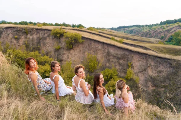 Una Alegre Compañía Hermosas Amigas Disfrutan Pintoresco Panorama Las Verdes —  Fotos de Stock