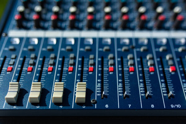 Mixer. Sound equipment for large gatherings, concerts, parties close up.