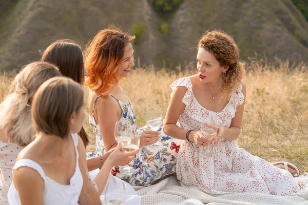 Company Gorgeous Female Friends Having Fun Drink Wine Enjoy Hills — Stock Photo, Image