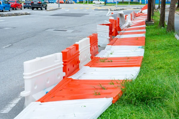 Plastic Blocks Restricting Passage Cars Repair Work Safe Plastic Road — Stock Photo, Image
