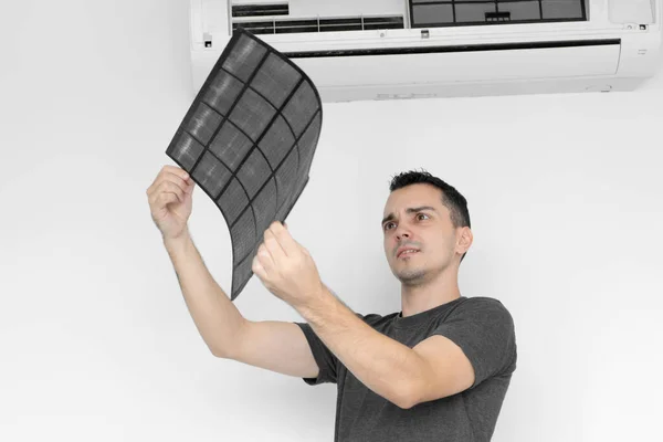 Guy Cleans Filter Home Air Conditioner Dust Guy Snayed Very — Stock Photo, Image