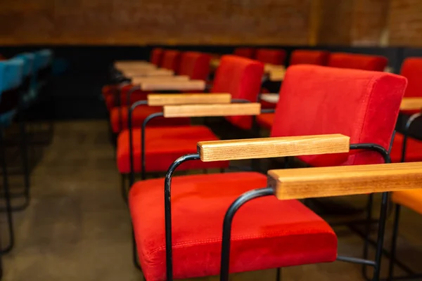 Red Blue Chairs Dark Hall Small Cinema — Stock Photo, Image