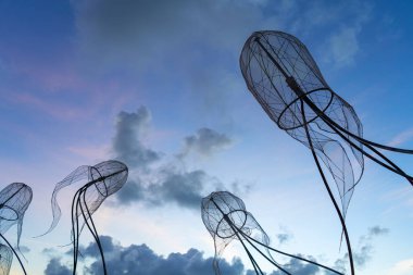 Günbatımı gökyüzünün arka planında denizanası figürleri..