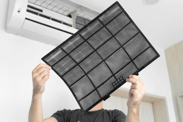 Guy Cleans Filter Home Air Conditioner Dust Guy Snayed Very — Stock Photo, Image
