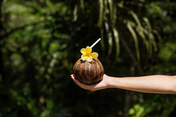 Mão Mulher Segura Bebida Coco Com Uma Flor Amarela Selva — Fotografia de Stock