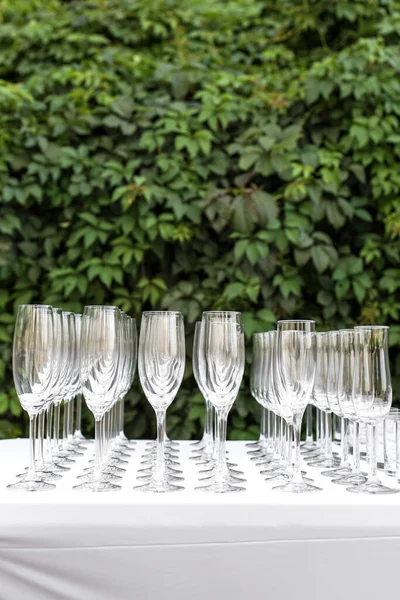 Many Empty Clean Glasses Guests Buffet Festive Wedding Table Stock Photo