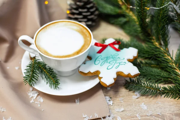 Christmas Happy New Year Card Cup Coffee Pine Fir Branch — Stock Photo, Image