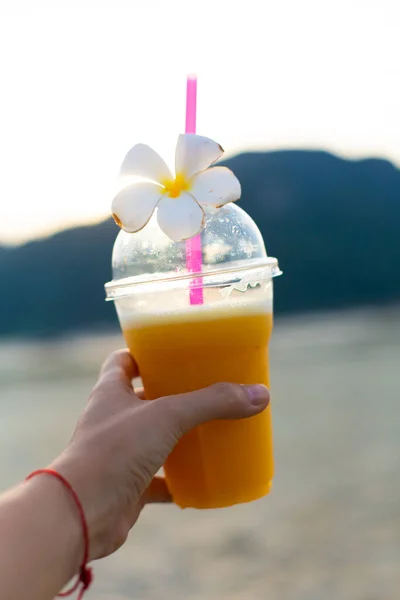 Fresh Mango Juice Plastic Cup Frangipani Flower Tropic Refreshments — Stock Photo, Image