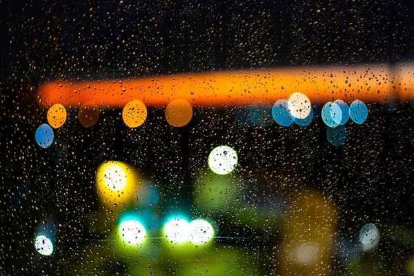 Water Druppel Bij Ramen Bokeh Van Stad Zonsondergang — Stockfoto